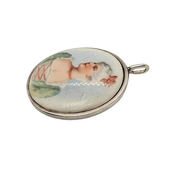 Vintage Victorian Style Painted Porcelain Pendant Goldstein Sterling Silver - Picture 6 of 11